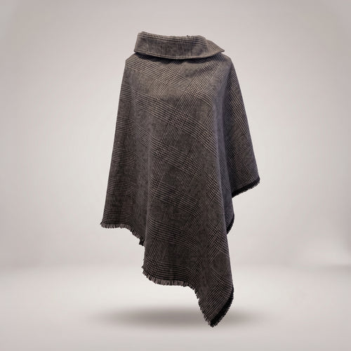 Sculptural dark charcoal Bulgarian wool cape featuring a structured high neckline and fluid asymmetrical drape, designed in Sydney by B108 Design.