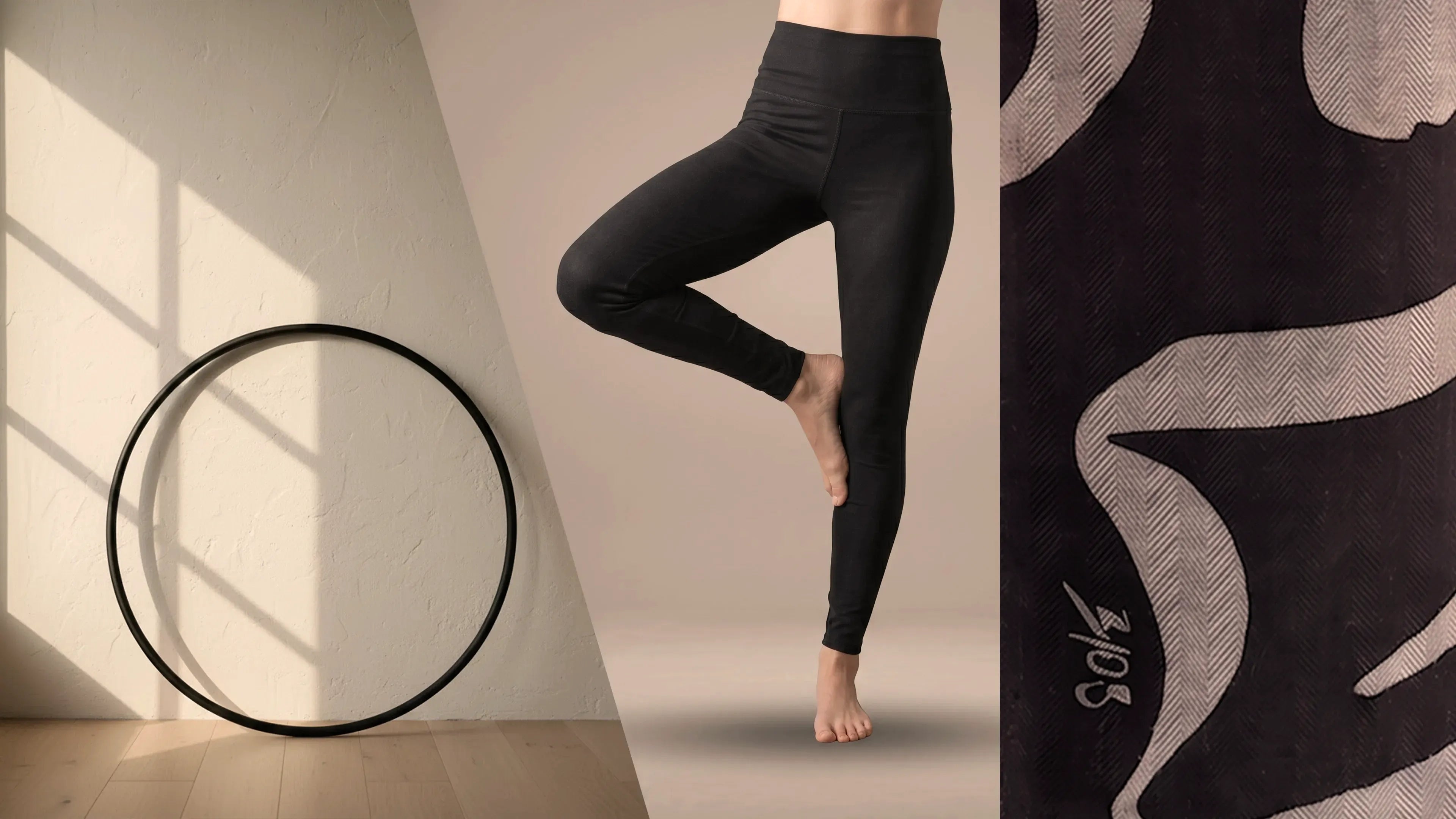 Collage featuring a black movement hoop, model in hemp cotton leggings in tree pose, and woven B108 silk detail.