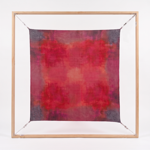 Ember Square Silk Scarf (Resonant Bloom Edition) stretched on a timber frame against a white background, showing the full 90x90cm artwork in deep magenta, crimson and charcoal.