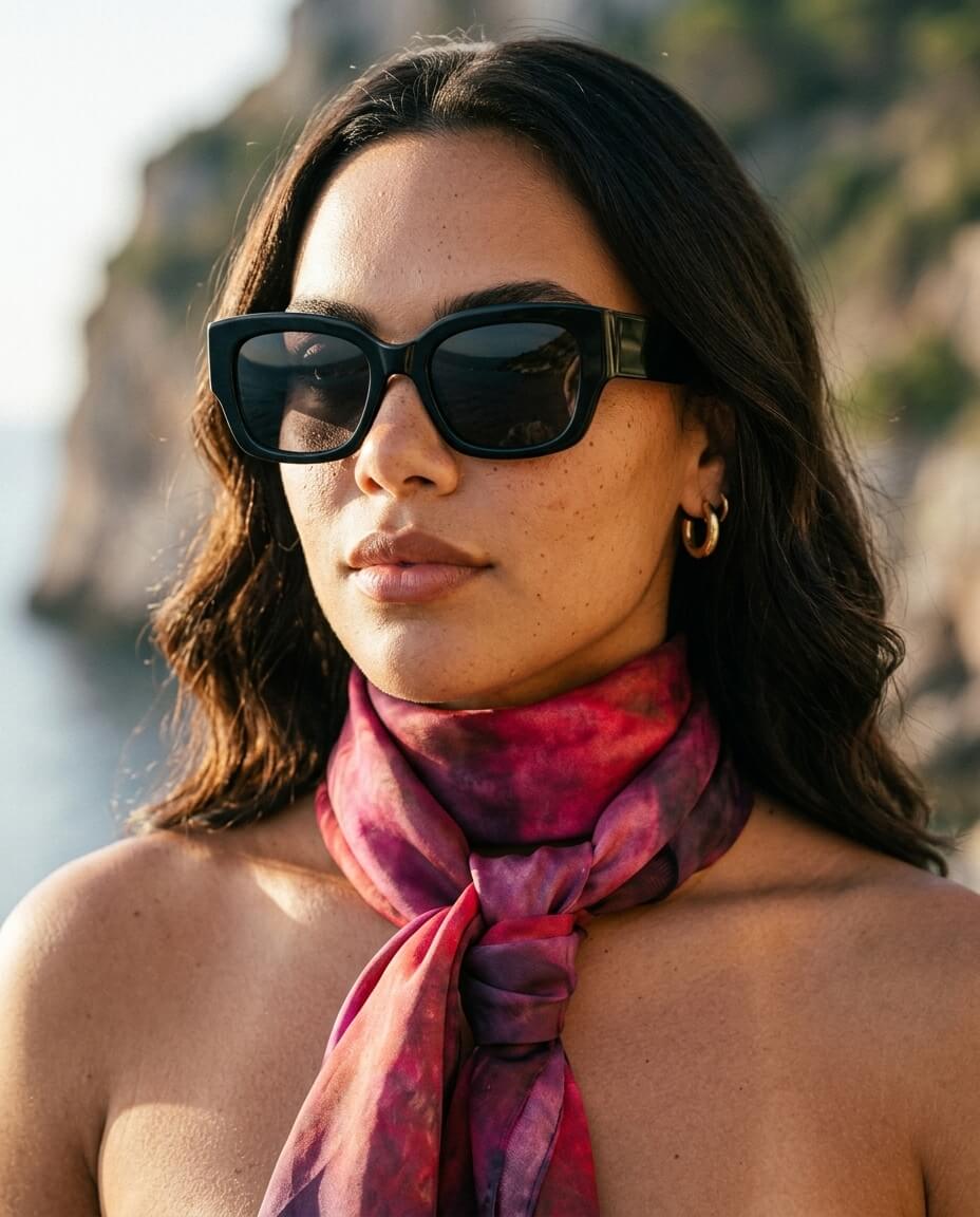 Ember Square Silk Scarf (Resonant Bloom Edition) styled as a front knot by a model, showing the fluid drape and colour gradient of crimson, magenta and deep plum on silk habotai.