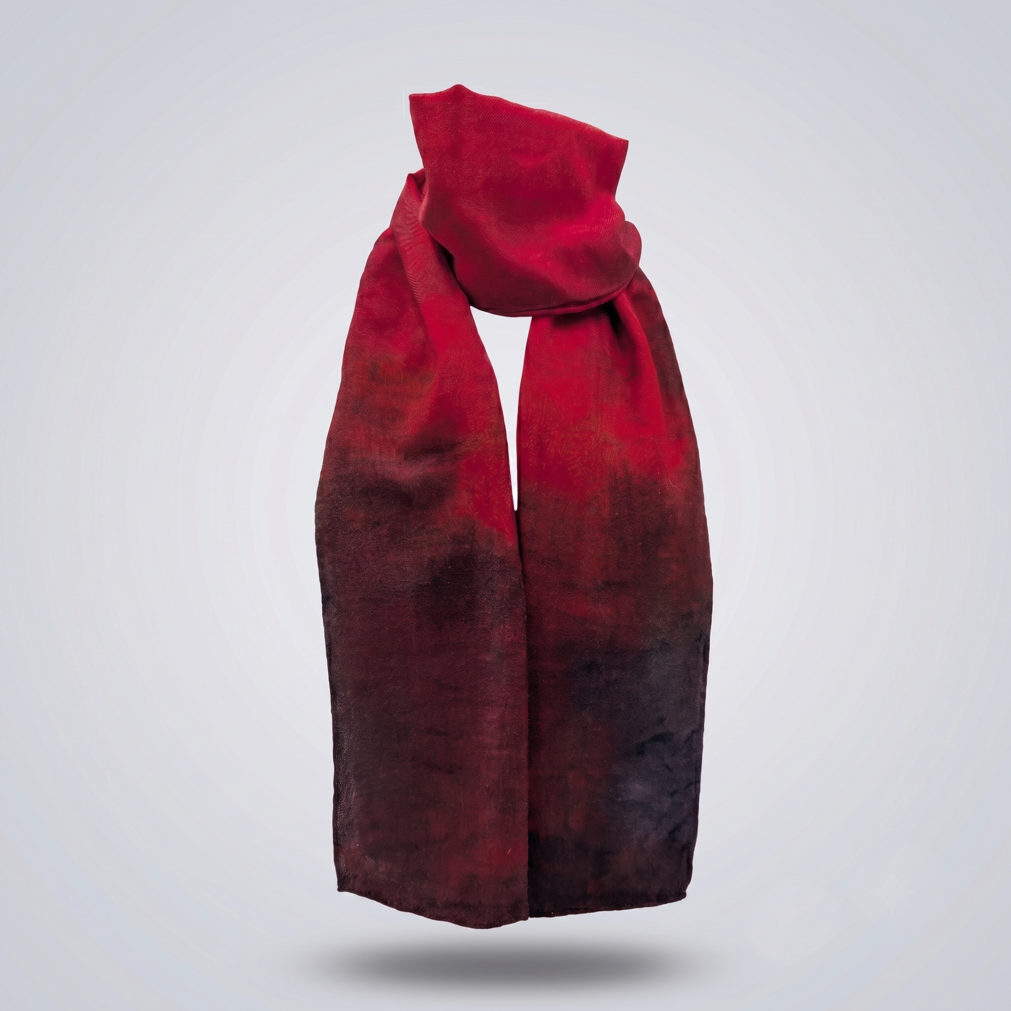 Ember Wool-Silk Scarf (Resonant Bloom Edition) in 80% fine wool and 20% mulberry silk, 30x180cm, showing the abstract artwork in crimson, deep maroon and charcoal.