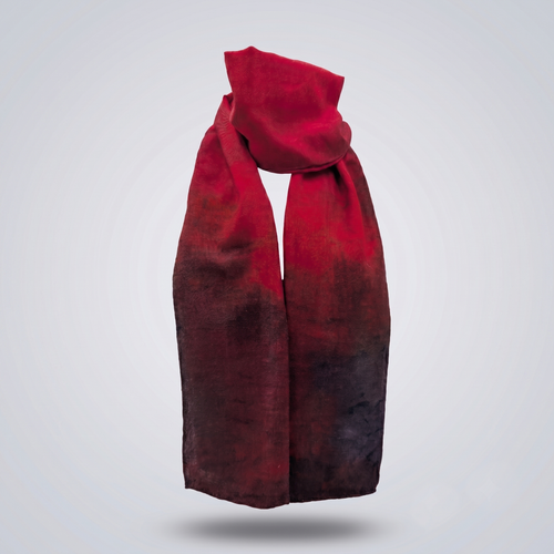Ember Wool-Silk Scarf (Resonant Bloom Edition) in 80% fine wool and 20% mulberry silk, 30x180cm, showing the abstract artwork in crimson, deep maroon and charcoal.