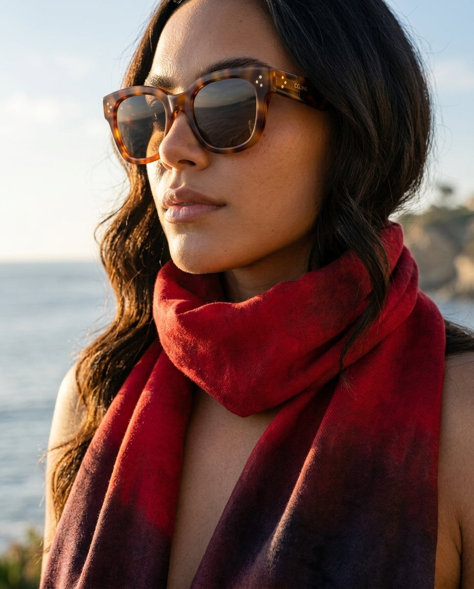 Ember Wool-Silk Scarf (Resonant Bloom Edition) worn as a neck wrap by a model at sunset, showing the crimson and deep maroon tones and the drape of the wool-silk blend.