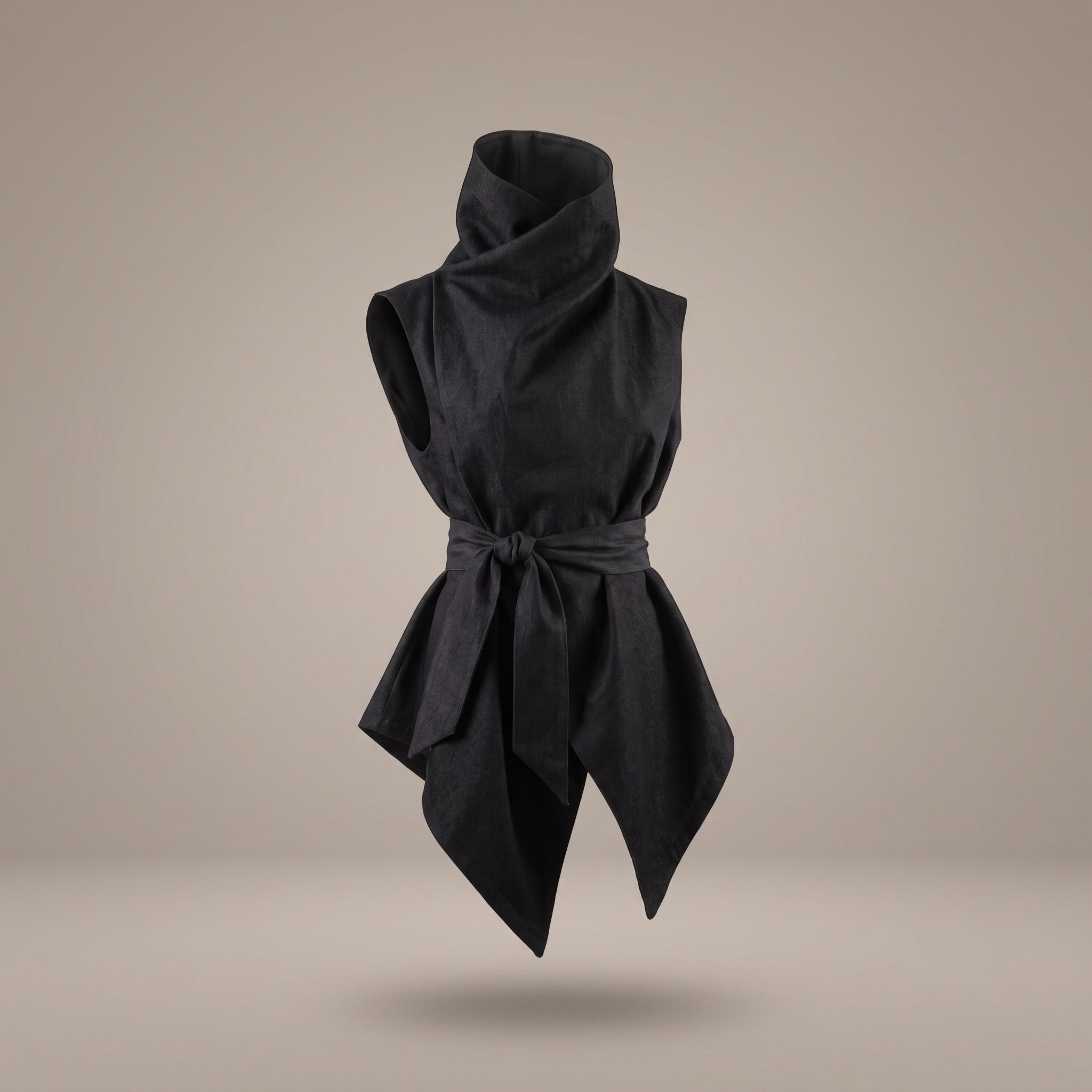 B108 Denim Kimono Vest in black deadstock denim featuring a high cowl neck collar, tied wrap waist, and sculptural drape.