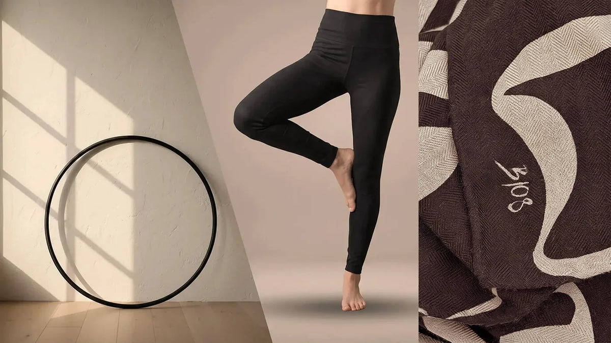 Collage featuring a black movement hoop, model in hemp cotton leggings in tree pose, and woven B108 silk detail.