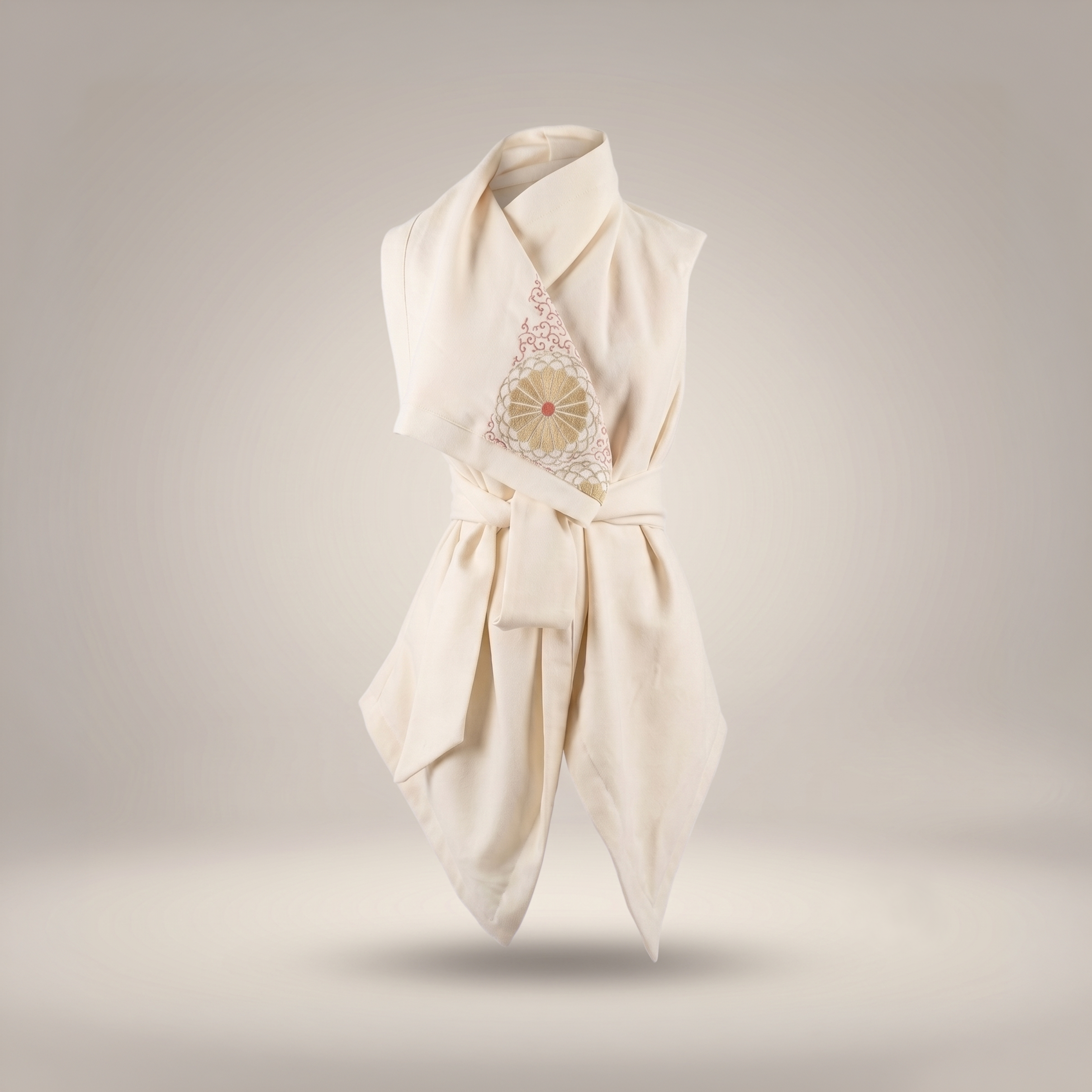 B108 Design Merino Wool Kimono Vest in un-dyed cream wool featuring a wrapped tie waist, cowl collar, and vintage Japanese silk motif detailing.