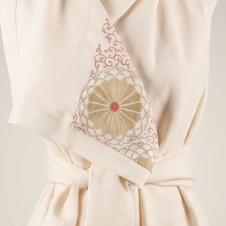 Medium close-up of the B108 Merino Wool Kimono Vest showing the draped collar, tied waist belt, and embroidered vintage silk lapel motif.