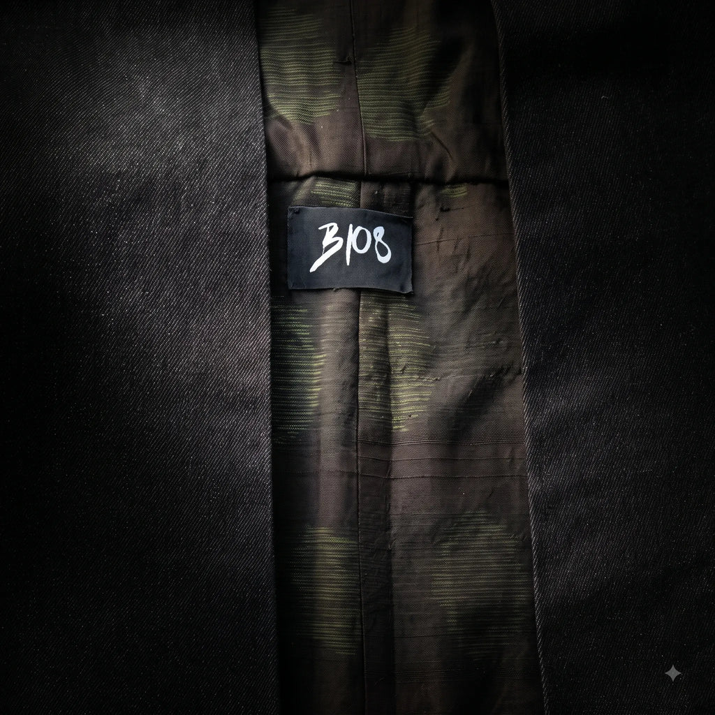 Macro texture detail of the Black Denim Kimono Vest revealing the inner black cotton denim weave, olive green patterned vintage silk lining, and stitched black B108 studio brand label by B108 DESIGN.