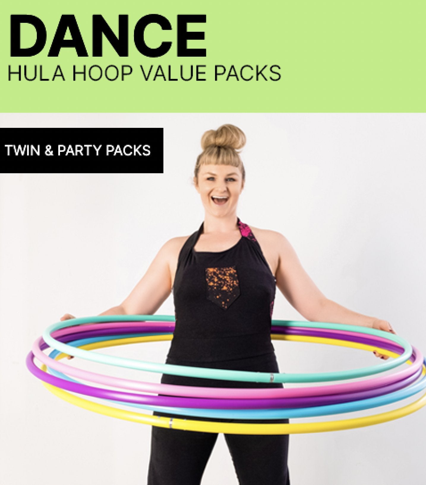 Colourful dance hula hoop value pack for all ages. These mid-weight hoops are ideal for kids' play or adults practicing arm hooping techniques. Available in twin and party packs in Australia.