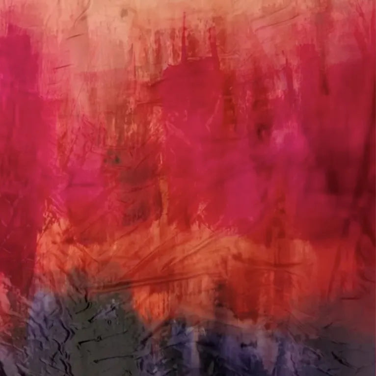 Close-up detail of the Dystopian Dream original artwork design by B108 Design, featuring rich textured layers in magenta, crimson, warm ochre, and deep slate blue.