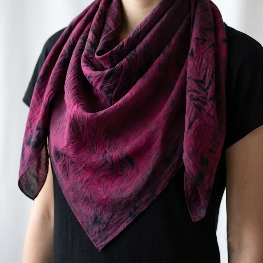 Model styled in the hand-dyed Arashi Shibori 100% silk Habotai scarf by B108 Design Sydney.