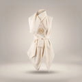 A high-angle view of the Merino Wool Kimono Vest in un-dyed cream wool, showing the sculptural wrapped tie-waist, cowl collar, and intricate gold and coral vintage Japanese silk motif detail, against a light grey background by B108 DESIGN.