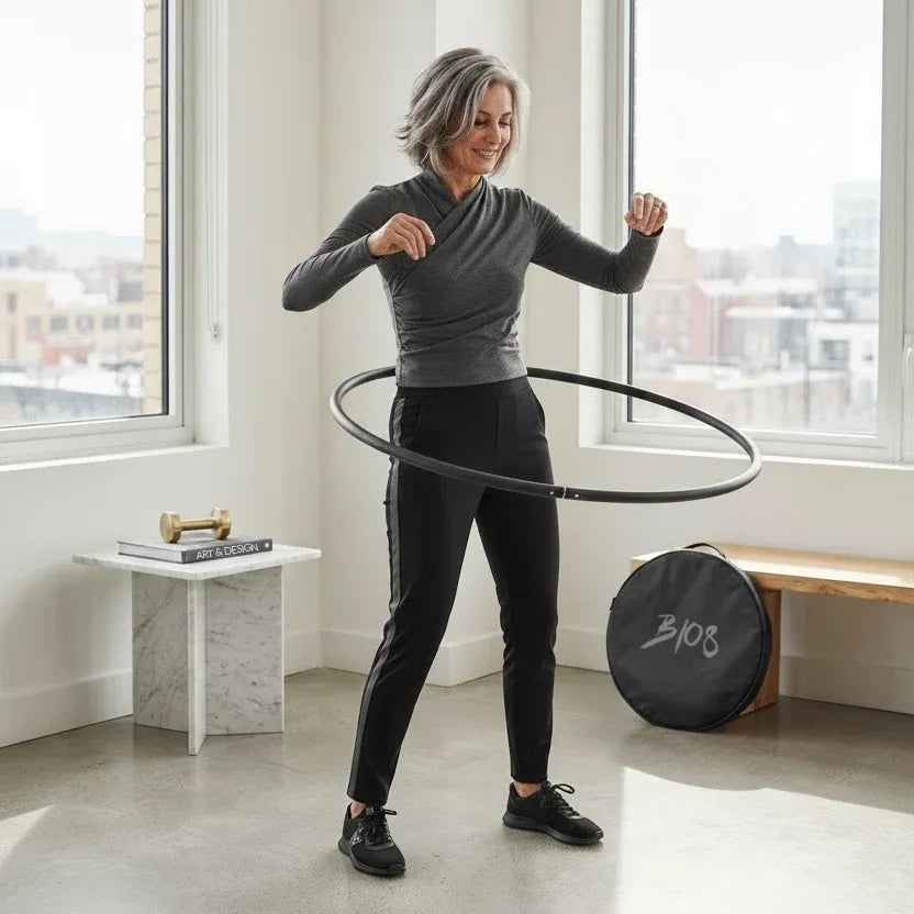 Woman hooping with the Recycled Polymer Dance Hoop by B108 DESIGN in a sunlit minimal apartment, with a black collapsible carry case resting on the floor.