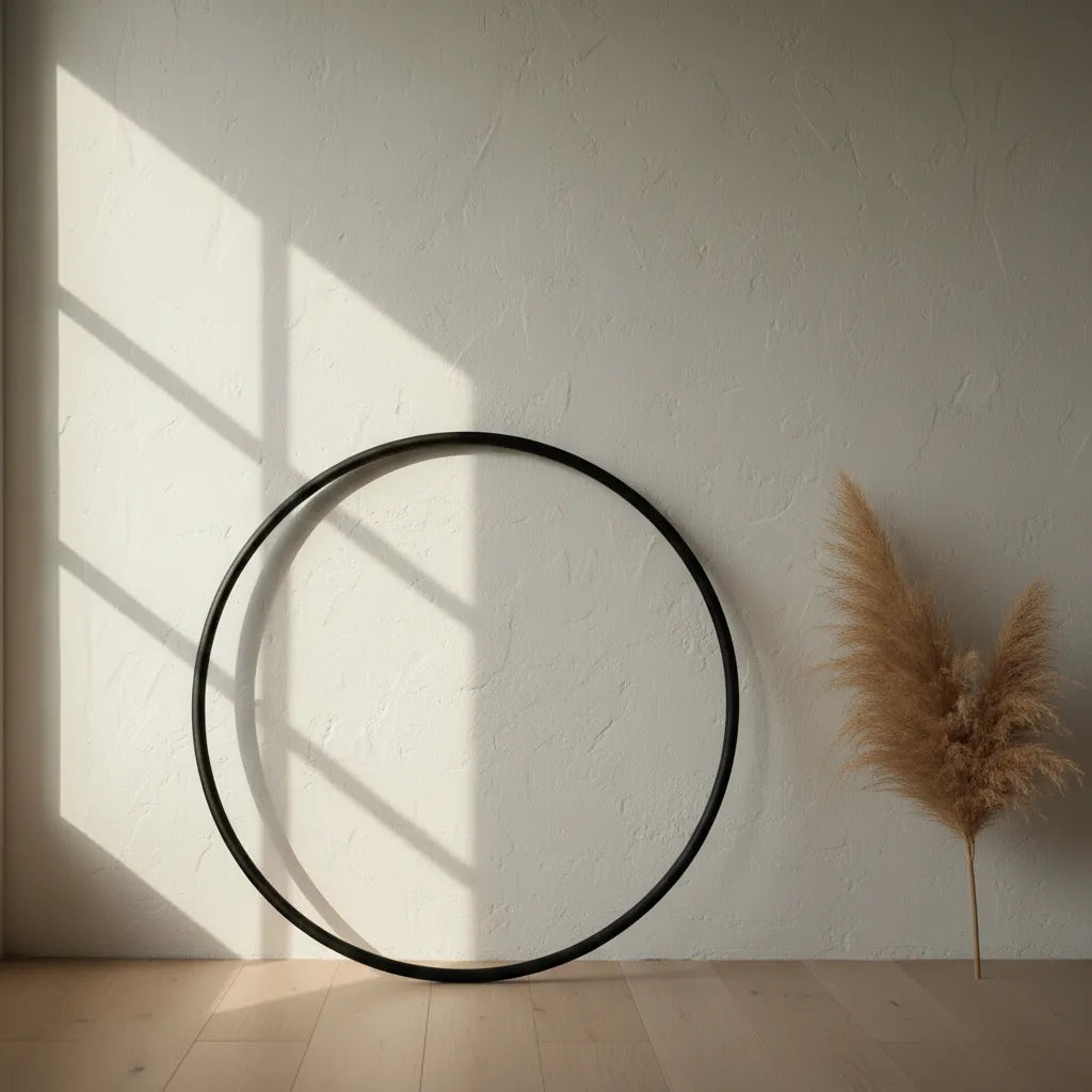 Interior shot of the Recycled Polymer Dance Hoop in obsidian black by B108 DESIGN leaning against a textured plaster wall in natural window light alongside dried pampas grass.