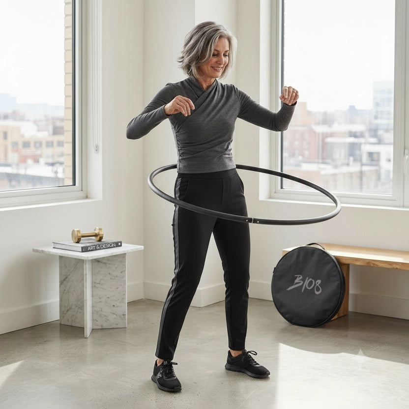 Woman hooping with the Recycled Polymer Dance Hoop by B108 DESIGN in a sunlit minimal apartment, with a black collapsible carry case resting on the floor.