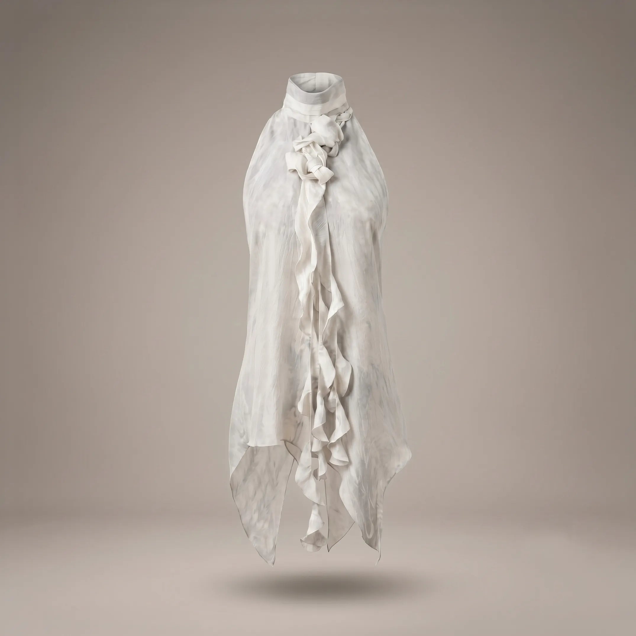 Unisex hand-dyed Arashi Shibori silk habotai halterneck blouse with cascading flounces by B108 Design.