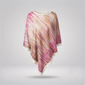 Front view of the luxury silk-wool poncho cape by B108 Design featuring an abstract brushstroke pattern in magenta, cream, and warm ochre tones, finished with a cream hem.