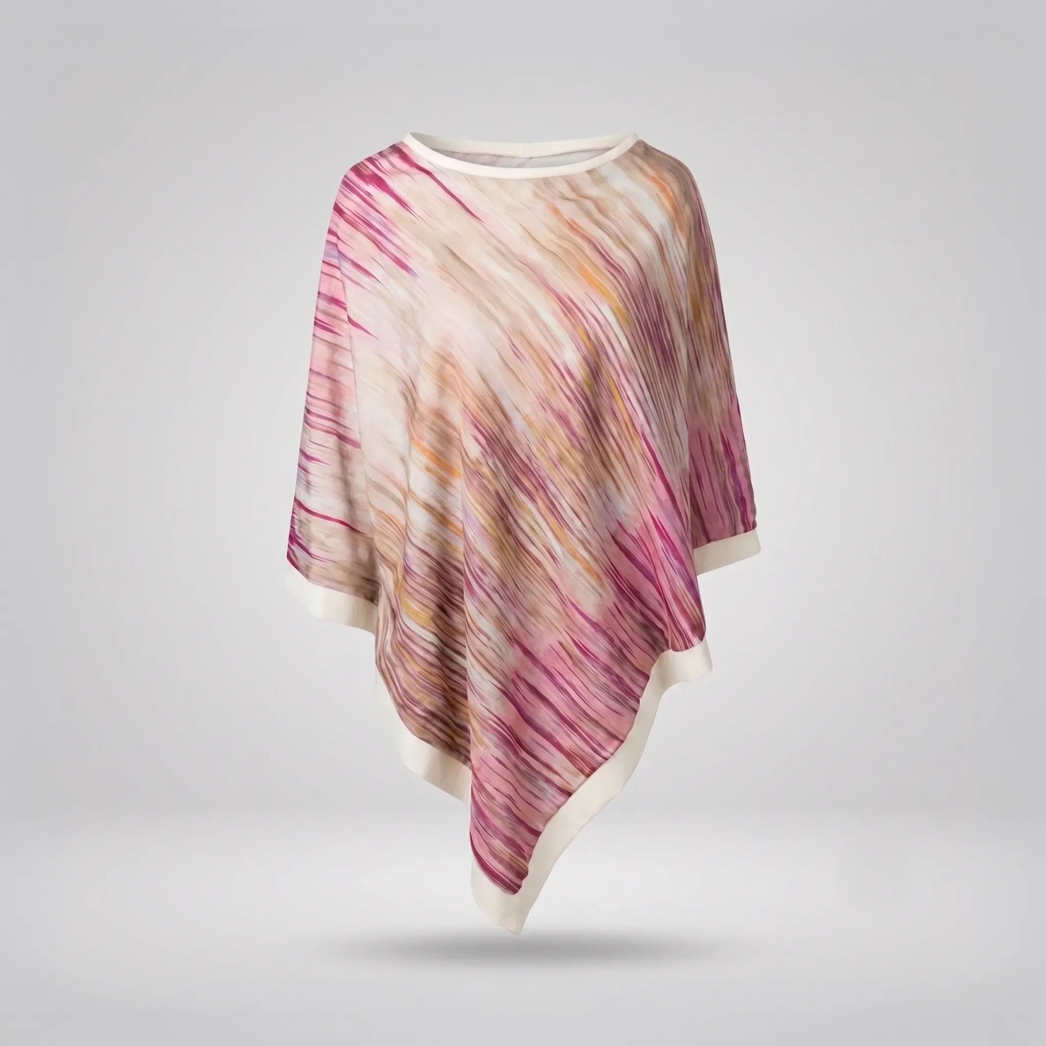 Front view of the luxury silk-wool poncho cape by B108 Design featuring an abstract brushstroke pattern in magenta, cream, and warm ochre tones, finished with a cream hem.