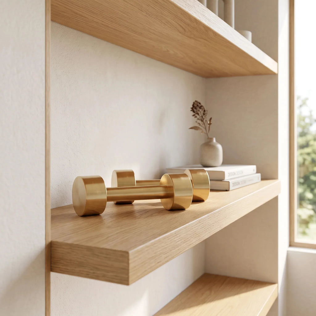 Pair of minimalist solid brass hand weights displayed as a sculptural design object on a light oak floating shelf, styled with design books and a small bud vase in a naturally lit interior. 