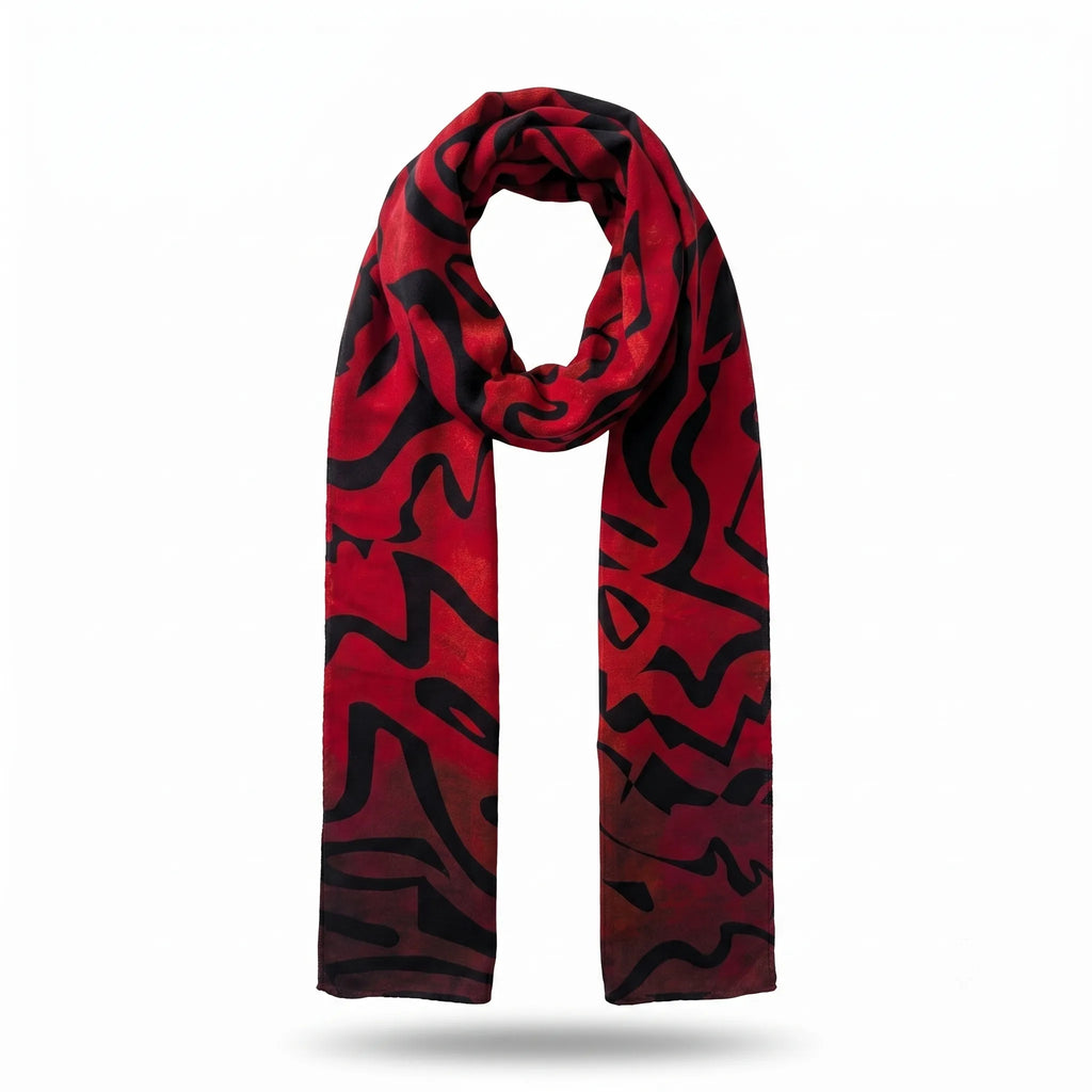 Front view of the Tectonic Ember luxury silk-wool scarf by B108 Design draped in a loop, featuring an abstract black linear graphic pattern printed on a rich red background.