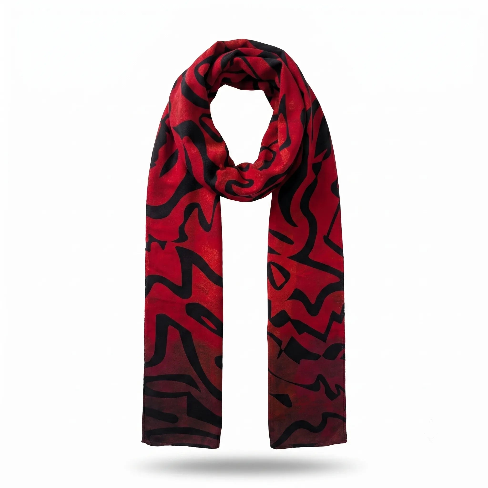 Front view of the Tectonic Ember luxury silk-wool scarf by B108 Design draped in a loop, featuring an abstract black linear graphic pattern printed on a rich red background.